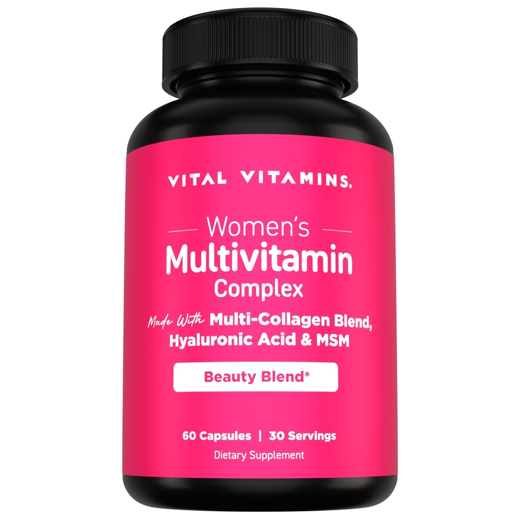 Vital Vitamins Women's Multivitamin Complex - Made with Multi-Collagen Blend, Hyaluronic Acid, & MSM - Beauty Multivitamins - with Vitamin A, C, E, B6, B12, D3-60 Capsules