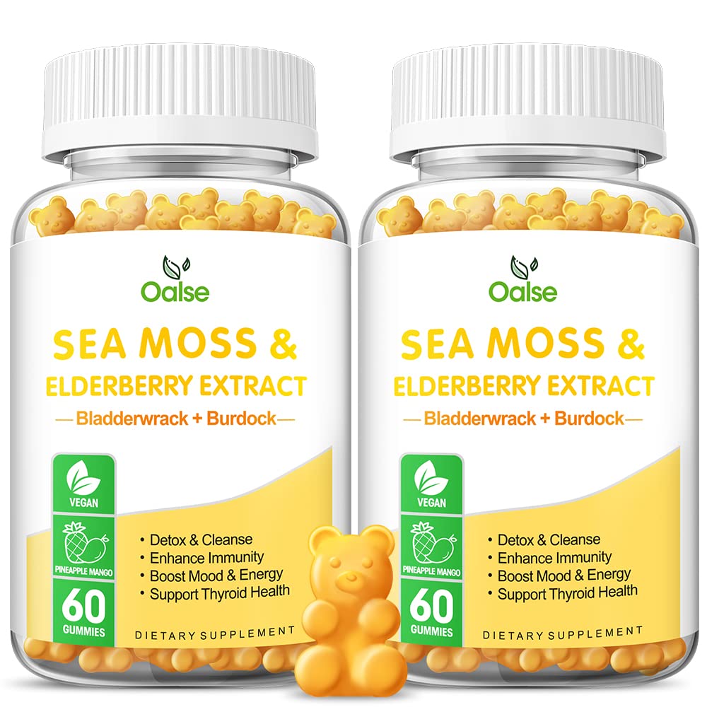 Sea Moss Gummies for Adults and Kids, 2000mg Raw Seamoss, Bladderwrack, Burdock Root, Elderberry, Pepper, Vitamin C & D3, Zinc Supports Immune System & Boost Energy (2-Pack)