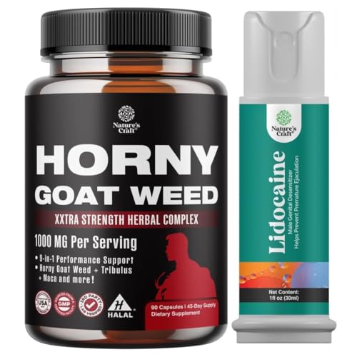 Bundle of Horny Goat Weed for Men with Black Maca Root, Tongkat Ali, Saw Palmetto & Panax Ginseng Extract and Lidocaine Desensitizing Topical Spray Climax Control - Boost Endurance and Stamina