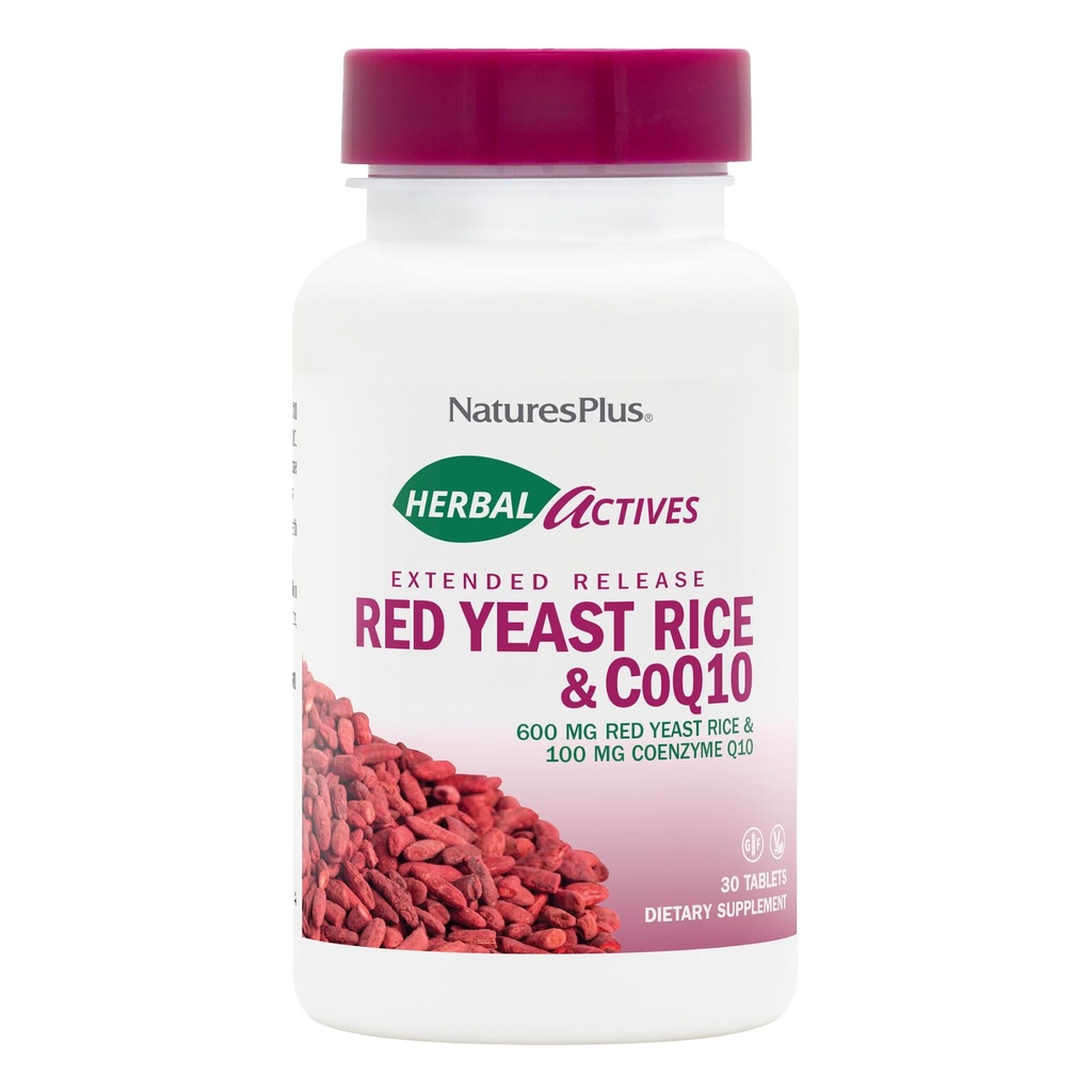 NaturesPlus Herbal Actives Red Yeast Rice 600mg & CoQ10 100mg, Extended Release - 30 Vegan Tablets - Maximum Potency Supplement, Antioxidant - Vegetarian, Gluten-Free - 30 Servings