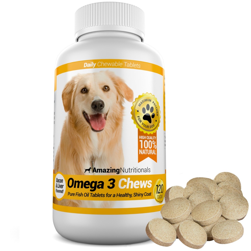 Amazing Omega 3 for Dogs - Fish Oil for Dogs Supplement 120 Bacon Chews - Itchy Skin, Dry Skin, Shedding & Coat Support - Omega Fatty Acids EPA DHA - Made in USA