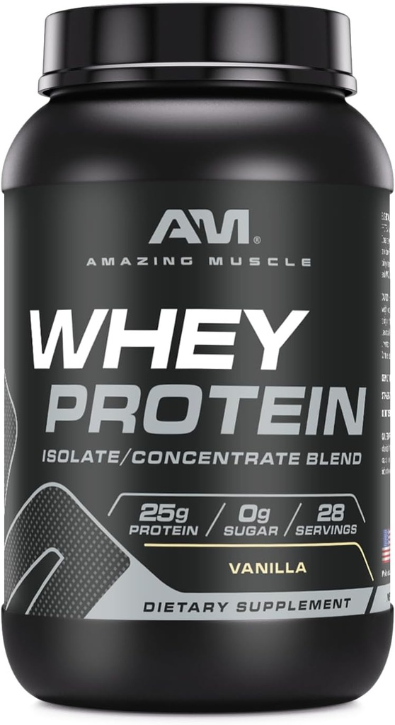Amazing Muscle 100% Whey Protein Powder *Advanced Formula with Whey Protein Isolate as a Primary Ingredient Along with Ultra Filtered Whey Protein Concentrate (Vanilla, 2 lb)