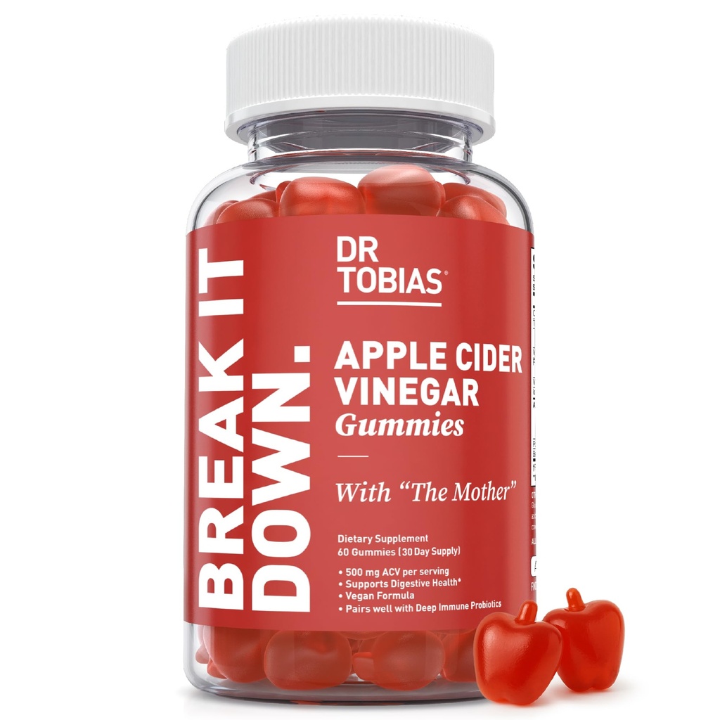 Dr. Tobias Apple Cider Vinegar Gummies with The Mother - 500mg ACV Per Serving, Plus Folate, B6, B12 & Iodine | Supports Digestive Health Gut Cleanse & Detox - Vegan (60 Gummies)