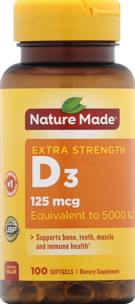 Nature Made Vitamin D3 Dietary Supplement Softgels, 5000 I.U, 100 Count