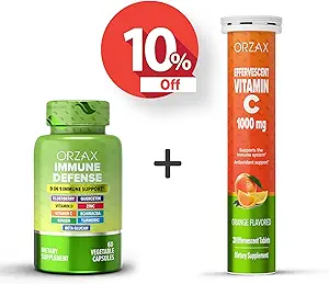 ORZAX Immune Defense 9-in-1 Supplement 60 Vegatable Capsules and Vitamin C 1000mg 20 Effervescant Tablets, Bundle