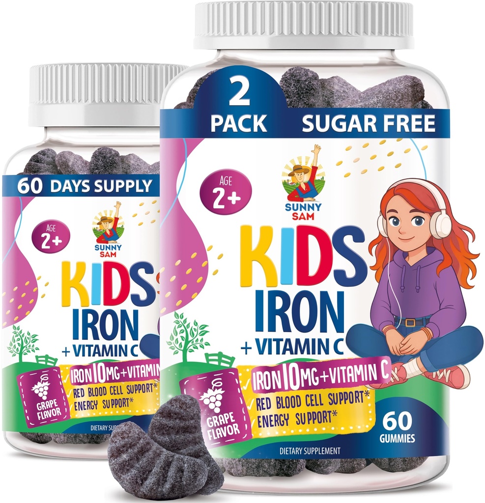 SUNNY SAM Iron Gummies for Kids & Teens - 10mg Vitamins with Vitamin C - Low-Sugar Chewable Iron Gummy Supplement for Immune Support, Supports Red Blood Cell Production for Children & Teen Girls