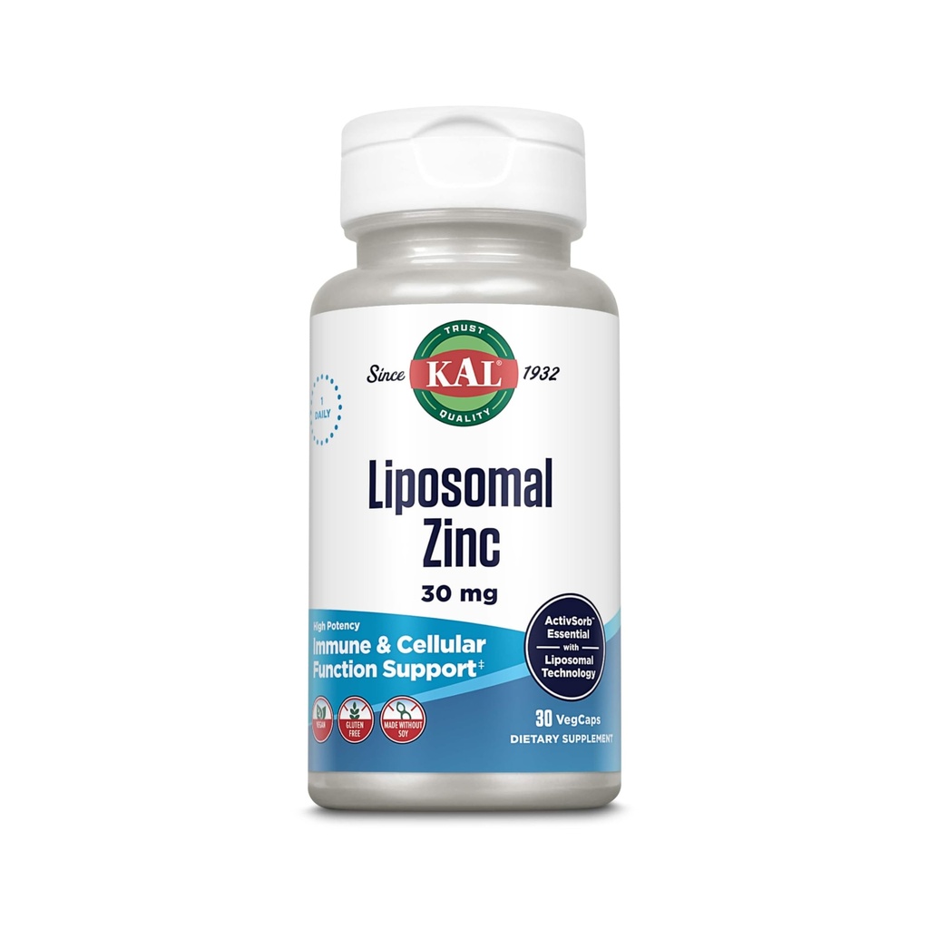 KAL Liposomal Zinc 30mg, Cellular Function and Immune Support Supplement, Enhanced Absorption Zinc Supplements, Vegan, Gluten Free, Soy Free, 30 Servings, 30 VegCaps