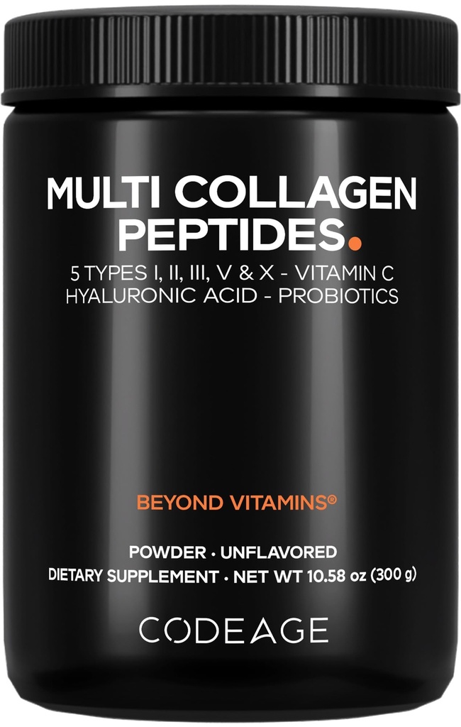 Codeage Multi Collagen Peptides Powder + Probiotics Black Edition, Vitamin C, Hyaluronic Acid Powder Supplement, Grass-Fed, Hydrolyzed, Zero Carbs, Type I, II, III, V & X, Unflavored, 10.58oz
