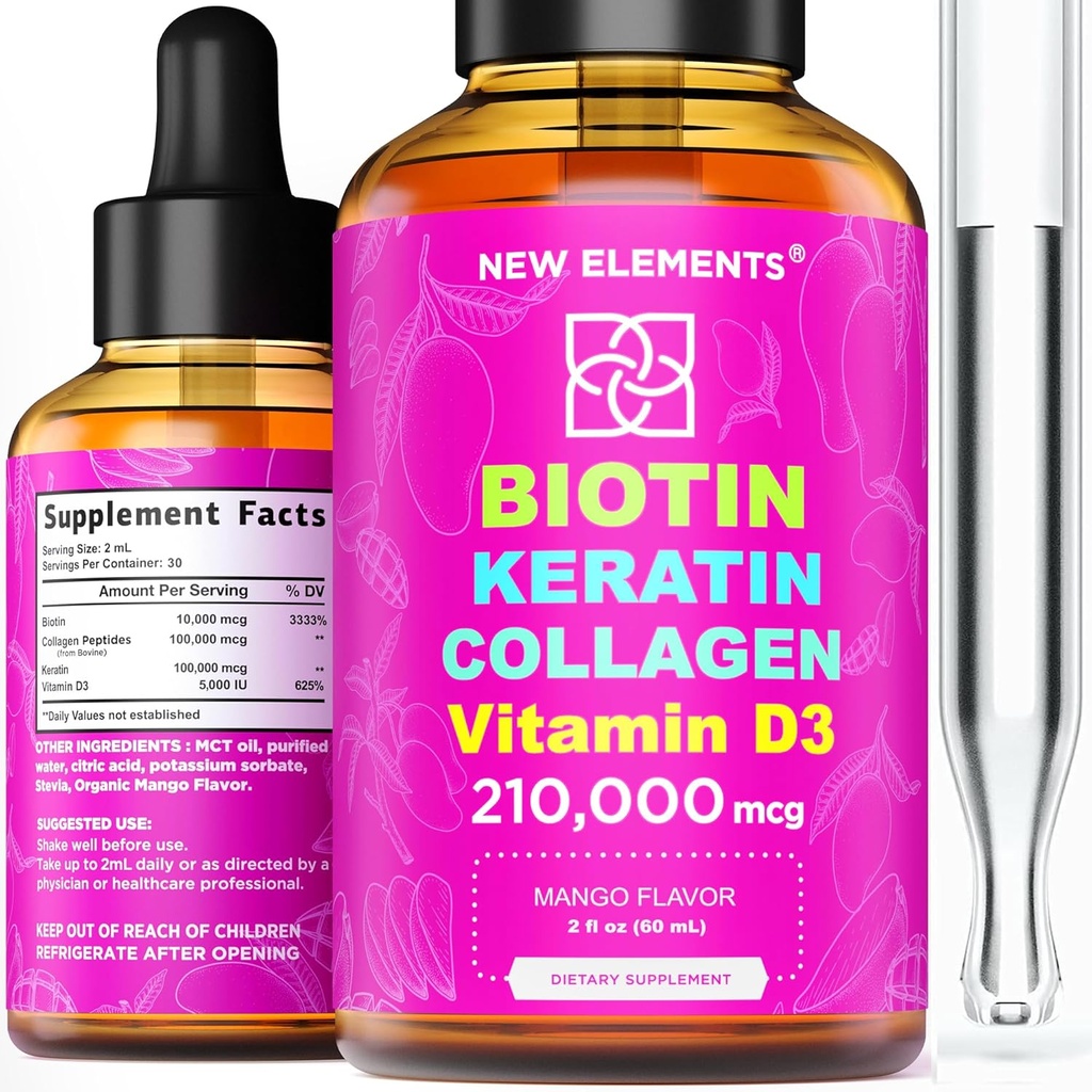 Liquid Biotin Keratin Collagen Peptides & Vitamin D3 for Hair Growth MCT Oil Drops 210,000mcg – Powerful Formula for Hair Skin and Nails, Most Advanced Hair Growth Supplement for Women & Men