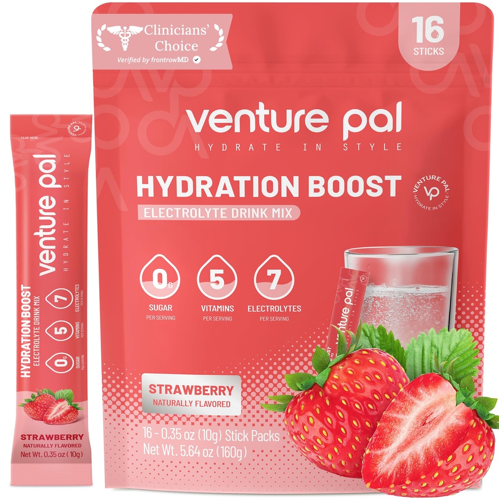 Venture Pal Sugar Free Electrolytes Powder Packets - Liquid Daily IV Hydration Packets | Instantly Hydrating & Party Recovery | 5 Vitamins & 7 Electrolytes | Certified Vegan, Keto, Non-GMO | 16 Sticks