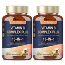 13-in-1 Vitamin B Complex Plus with Vitamin B1, B2, B3 (Niacin), B4, B5, B6, B7 (Biotin), B8 (Inositol), B9 (Folate), B12, C, D3, K2 for Energy, Nerve, Immune, Skin - 120 Caps per Bottle - 2 Bottles