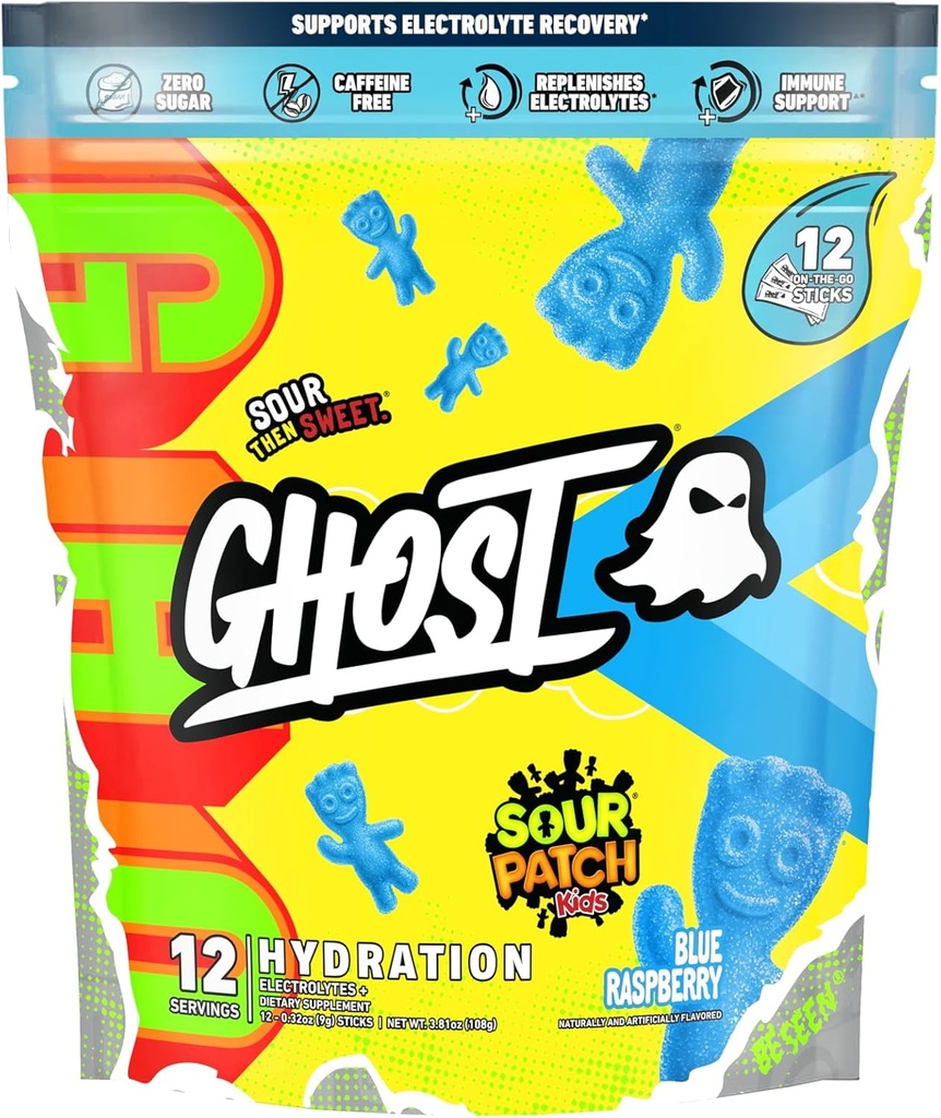 GHOST Hydration Packets, Sour Patch Kids Blue Raspberry, 12 Sticks, Electrolyte Powder - Drink Mix Supplement with Magnesium, Potassium, Calcium, Vitamin C - Vegan, Free of Soy, Sugar & Gluten