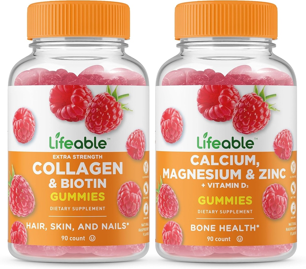 Lifeable Collagen & Biotin + Calcium, Magnesium, Zinc & Vitamin D, Gummies Bundle - Great Tasting, Vitamin Supplement, Gluten Free, GMO Free, Chewable Gummy