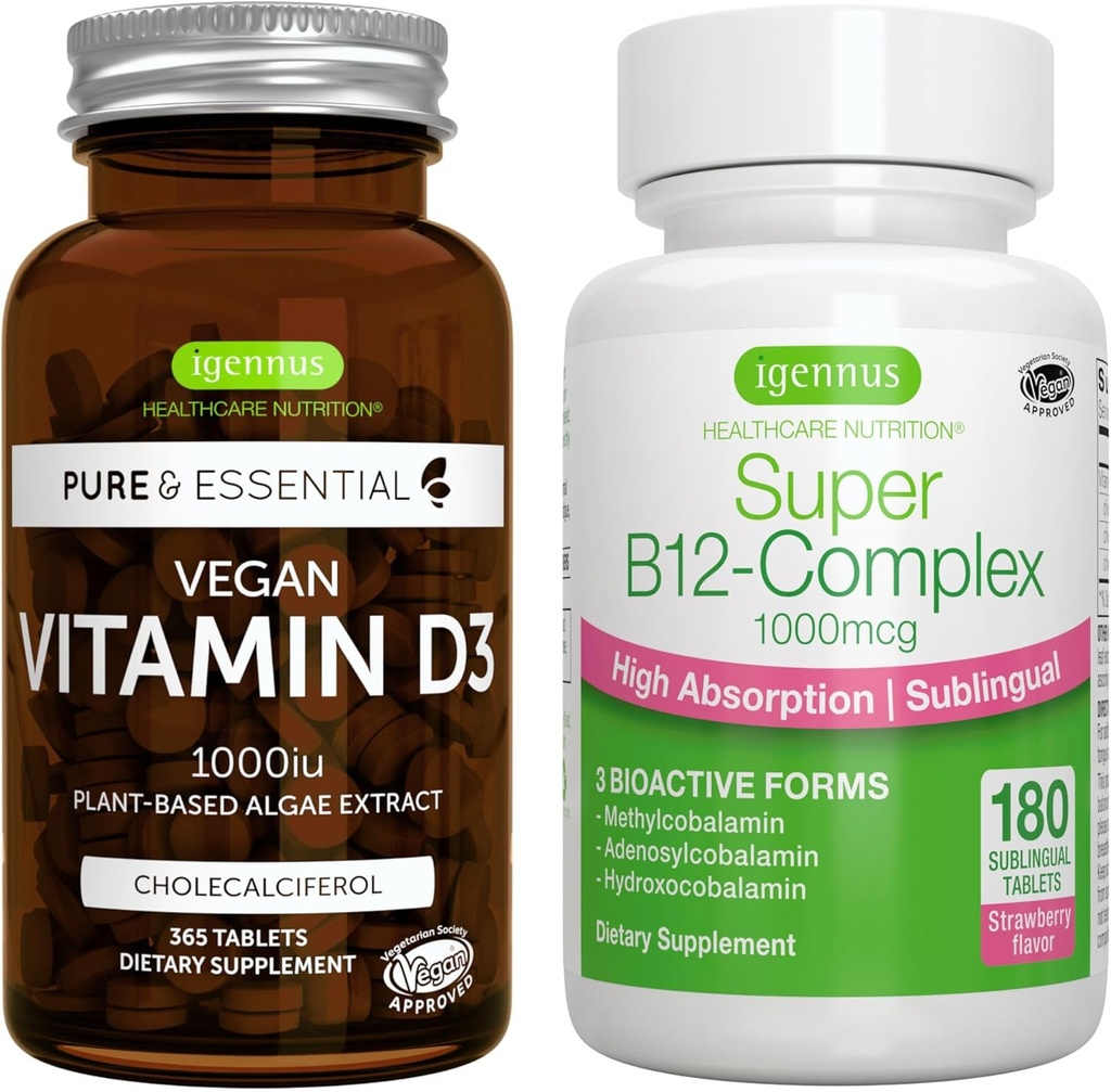 Vegan Vitamin D3 + Super B12-Complex, Vegan Bundle, 365 1000iu Vitamin D3 Tablets + High Absorption Sublingual B12, by Igennus