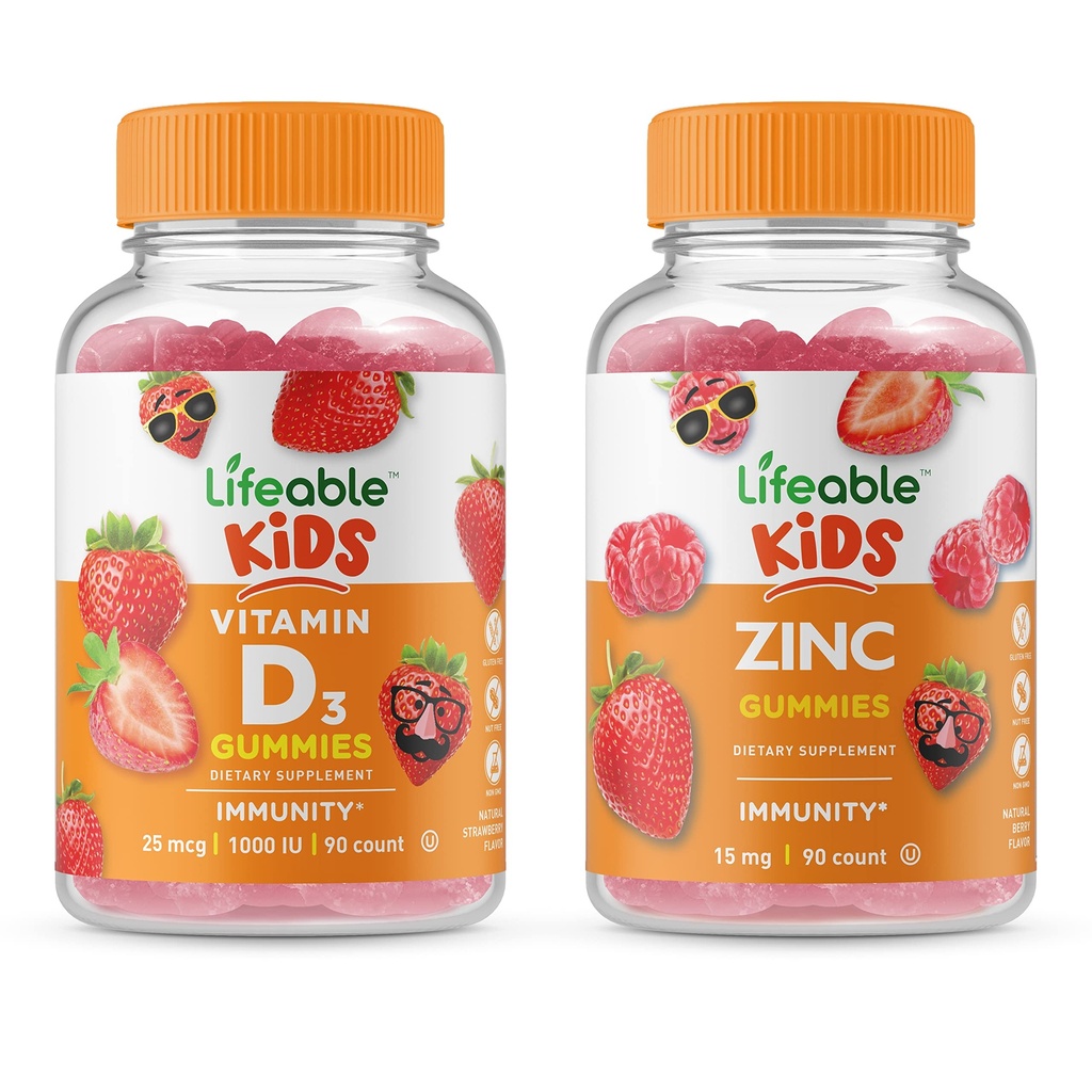 Lifeable Vitamin D Kids + Zinc Kids, Gummies Bundle - Great Tasting, Vitamin Supplement, Gluten Free, GMO Free, Chewable Gummy