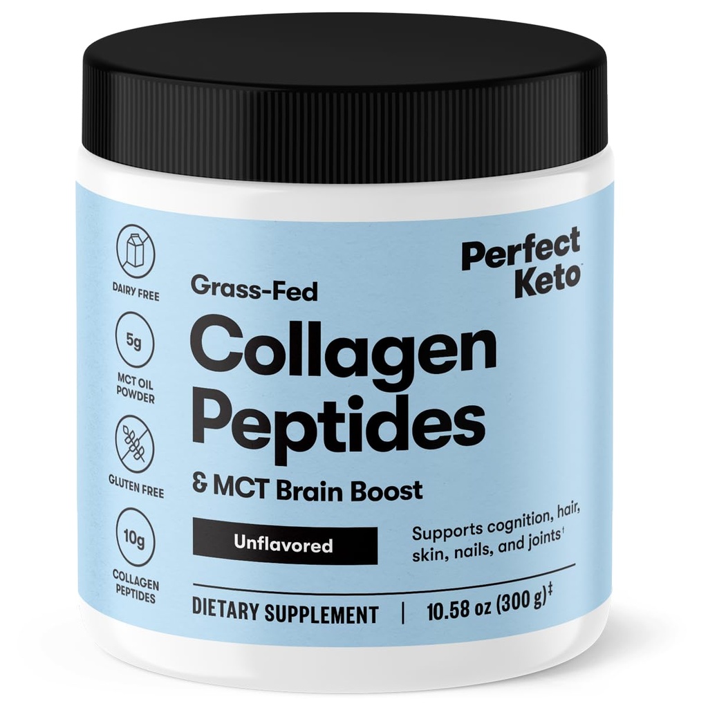 Perfect Keto Collagen Peptides, Unflavored, 10g Protein Powder, Grass Fed Hydrolyzed Type 1 & 3 Supplement, Low Carb, No Sugar Added, Keto Friendly, Coffee Creamer & Drink Mix, with MCT Oil