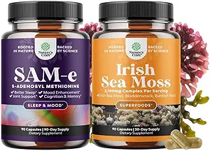 Bundle of Pure SAM-E Nootropic Brain Supplement and Organic Irish Sea Moss Capsules -Immune Support and Mood Support Supplement - Sea Moss and Bladderwrack Capsules with Burdock Root Superfood Blend