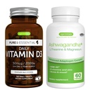 Daily Vitamin D3 + Ashwagandha+ L-Theanine & Magnesium Vegetarian Bundle, 365 2000iu Vitamin D3 Tablets + 600mg KSM-66 Ashwagandha with Zinc & B Vitamins, by Igennus