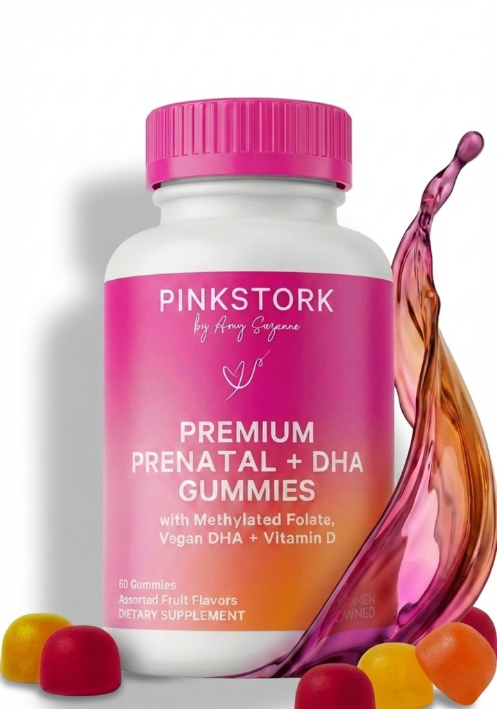 Pink Stork Premium Prenatal Gummy Vitamins | Vegan Algae DHA + Methylated Folate + Methylcobalamin | MTHFR-Friendly | No Iron | No Fishy Aftertaste | 60 Vegan Gummies, 30-Day Supply