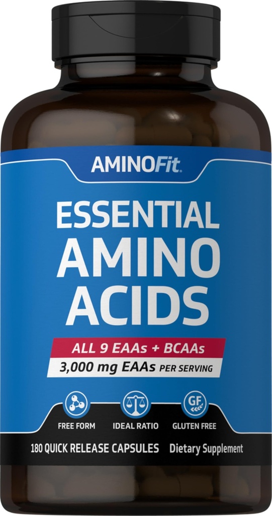 Piping Rock Essential Amino Acids Supplement | 3000mg | 180 Capsules | Complex Blend for Men and Women | EAA and BCAA | Non-GMO, Gluten Free | by Fitness Labs