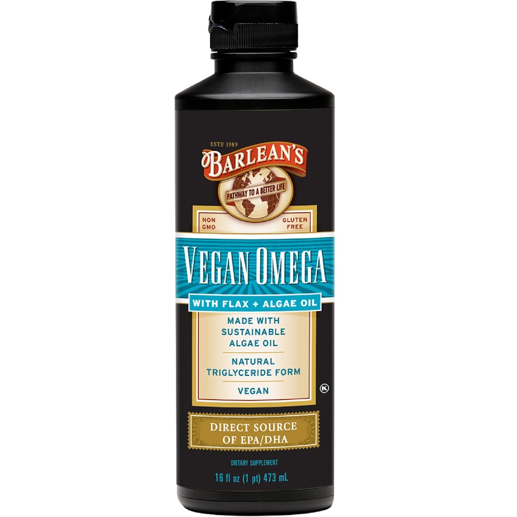 Barlean's Vegan Omega Liquid Flax and Algae Oil Plant Based EPA DHA Supplement from Algal Oil and Organic Flaxseed, Omegas 3 6 and 9 Fatty Acid Supplements, 16 Ounces