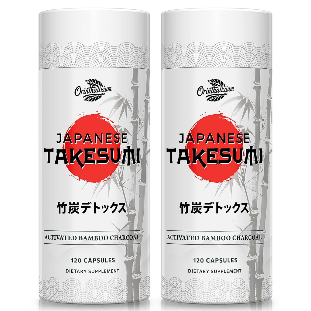 Orinthalixium Activated Charcoal Capsules 2000mg from Bamboo – Premium Japanese Takesumi Activated Bamboo Charcoal for Digestive, Gut & Detox, Highly Porous Formula, 120 Vegan Capsules（2 Bottle）