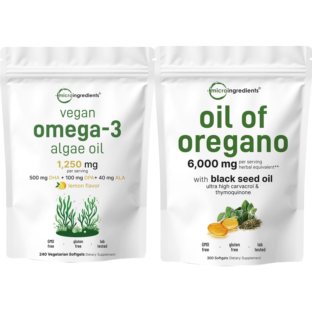Micro Ingredients Oil of Oregano Softgels 300 Count & Vegan Omega 3 Algae Oil Supplement Bundle 2 Pack | Carvacrol & Thymoquinone | Full Spectrum Omega-3 Alternative
