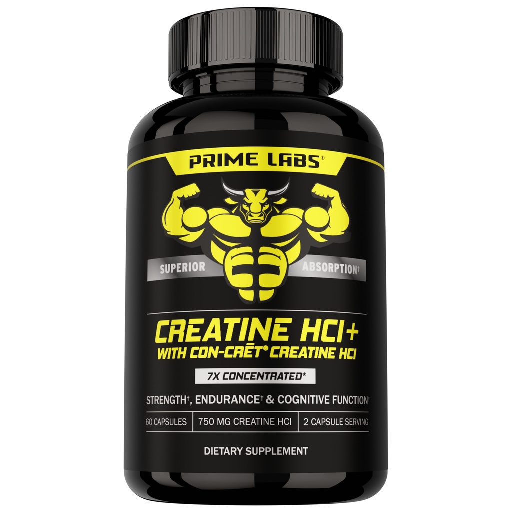 Prime Labs Creatine HCl Capsules - with CON-CRĒT®, Rhodiola Root Extract, & L-Theanine - Muscle Support, Endurance, Cognitive Function - for Men & Women - 60 Pills