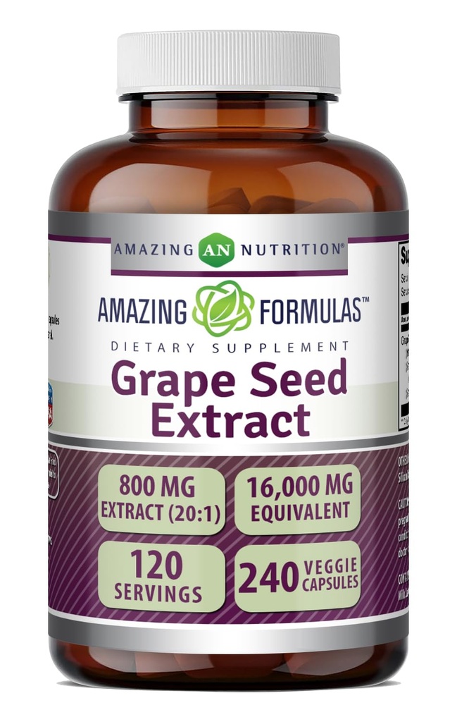 Amazing Formulas Grape Seed 800 Mg | Standardized 20:1 Extract | 240 Veggie Capsules |16000 Mg Equivalent | Non-GMO | Gluten-Free | Made in USA
