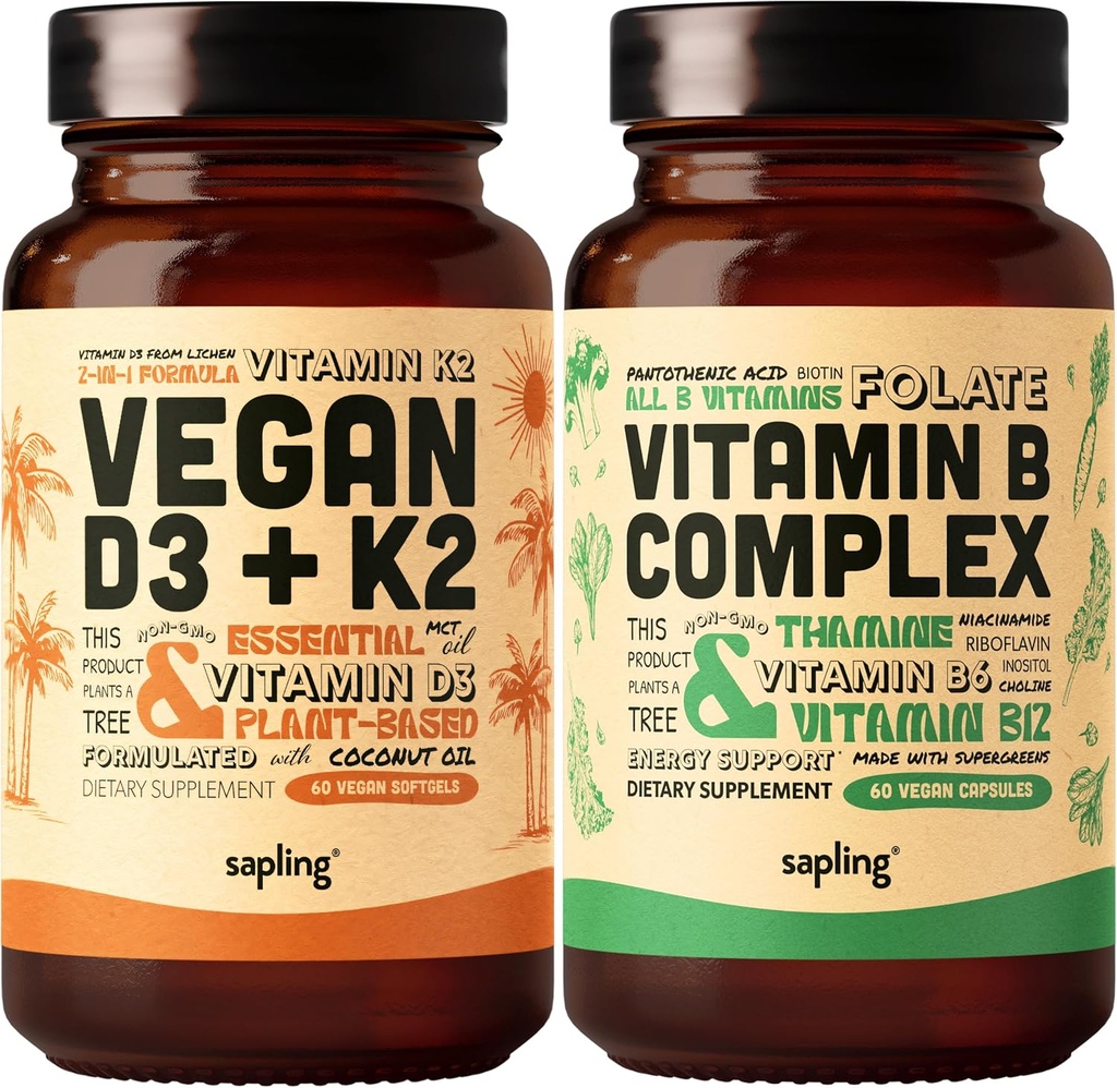 sapling Vegan Vitamin D3 + K2 & Vitamin B Complex Bundle - 4000 IU Vitamin D3 and 100mcg Vitamin K2 as Mk7, Essential B Vitamins with Whole Food Blend, B1, B2, B3, B5, B6, B7, Folate