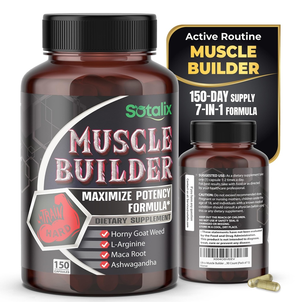 Ultra Muscle Builder Supplement with L-Arginine & Tribulus – Sports Training Support – 150 Capsules (150-Day Supply)