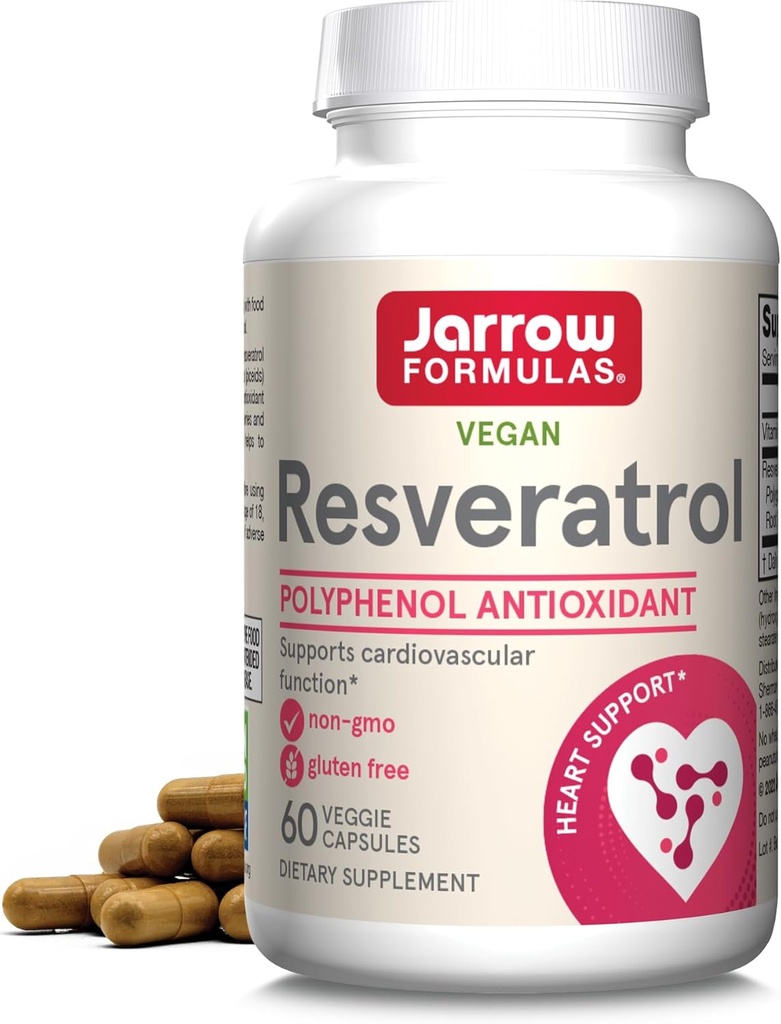 Jarrow Formulas® Resveratrol 100 mg, Dietary Supplement, Antioxidant Support for Cardiovascular Function, 60 Veggie Capsules, 60 Day Supply