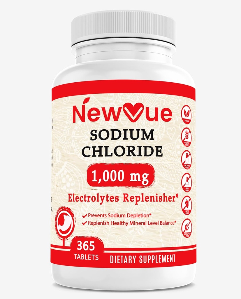 Sodium Chloride 1000mg, 365 Tablets - Salt Tablets, Non-GMO, Gluten Free - Drink with Electrolytes Replaced Hydration