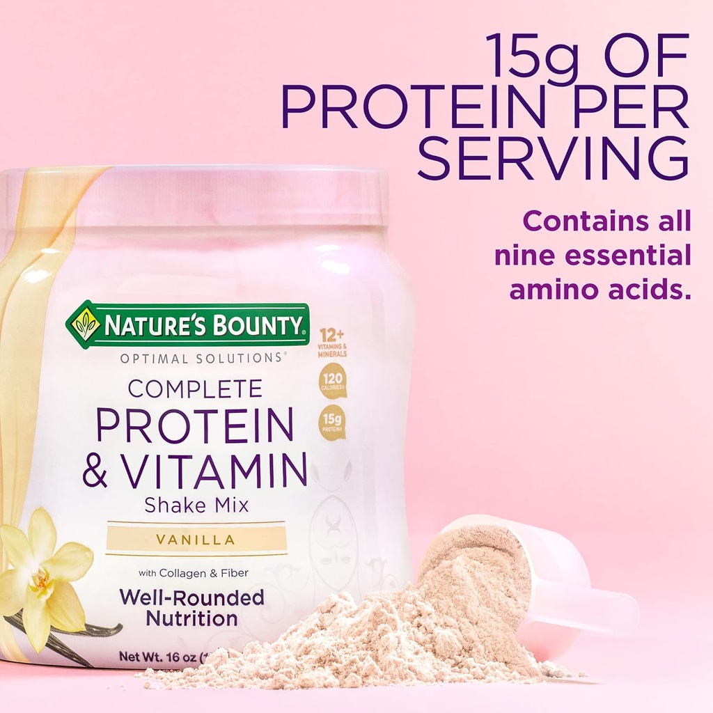 Nature's Bounty Complete Protein & Vitamin Shake Mix with Collagen & Fiber, Contains Vitamin C for Immune Health, Vanilla Flavored,1 Pound (Pack of 2)