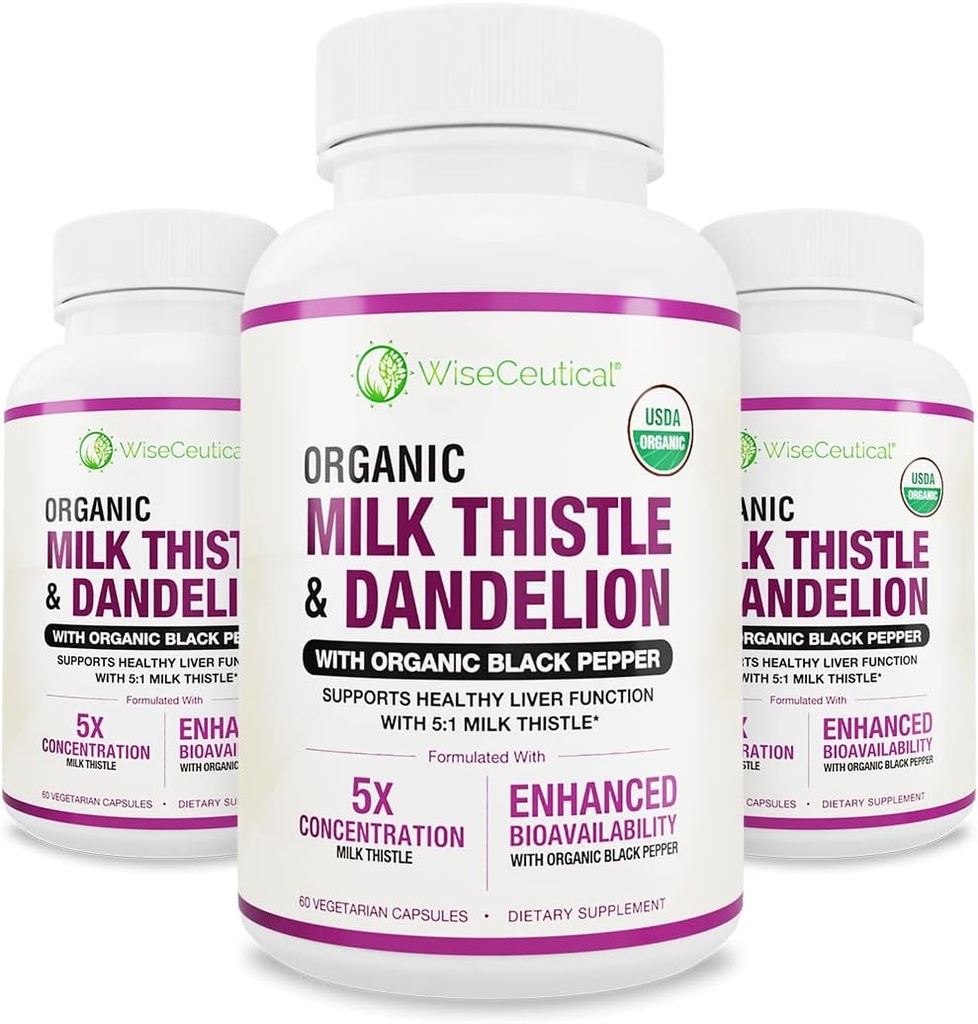 Max Absorption USDA Organic Milk Thistle Potent 5:1 Concentrated Extract (2000mg Strength) & Organic Dandelion Root | Silymarin Antioxidant Flavonoid | Liver Support Supplement (60 Count (Pack of 3))