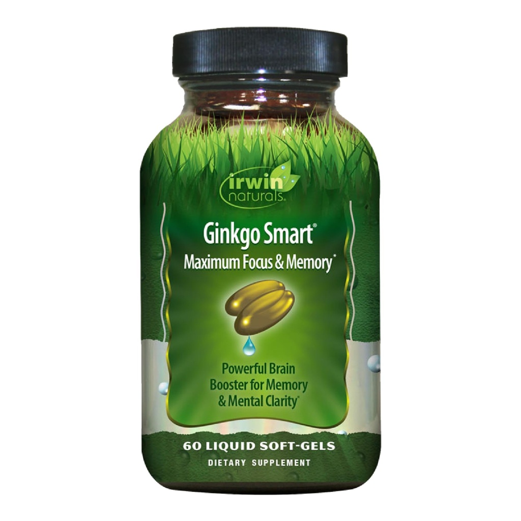 Irwin Naturals Ginkgo Smart Powerful Nootropic Brain Booster - Supports Maximum Memory, Focus & Mental Clarity with DMAE, Clubmoss, Choline & Acetyl L-Carnitine - 60 Liquid Softgels