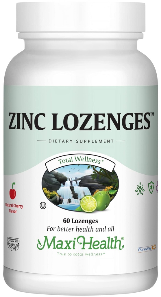 Maxi-Health Zinc Lozenges - Zinc Citrate 10mg - with Vitamin C - Cherry Flavor - 60 Chewables - Kosher