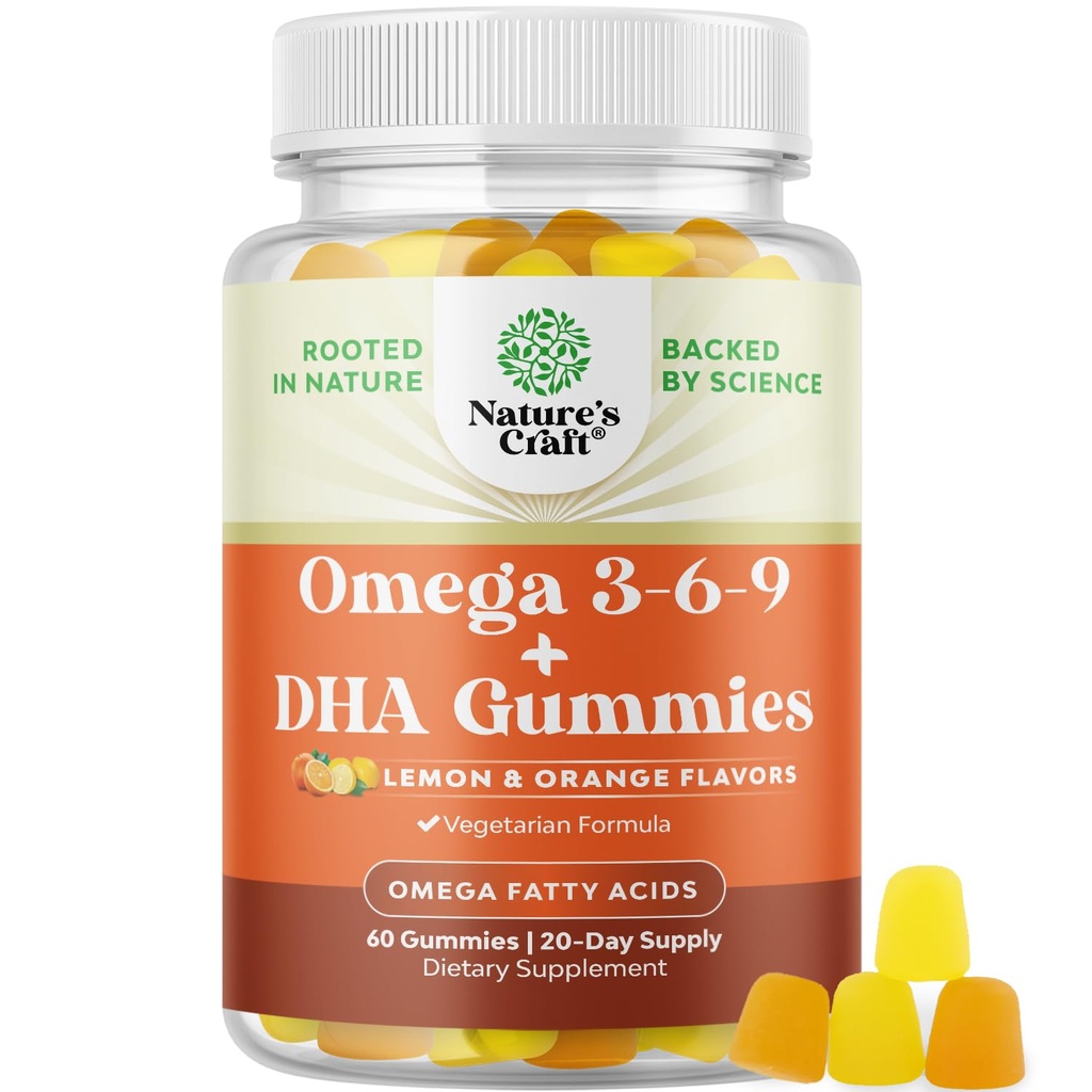 Omega 3 Gummies for Adults - Vegetarian Omega 3 6 9 DHA Gummies for Brain Bone and Heart Health and Joint Support - Burpless Fish Free Plant Based Supplement Men Women - 60 Count