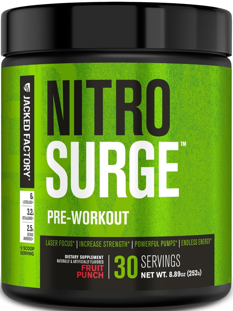 Jacked Factory NITROSURGE Pre Workout Supplement - Endless Energy, Instant Strength Gains, Clear Focus, Intense Pumps - NO Booster & Powerful Preworkout Energy Powder - 30 Servings, Fruit Punch
