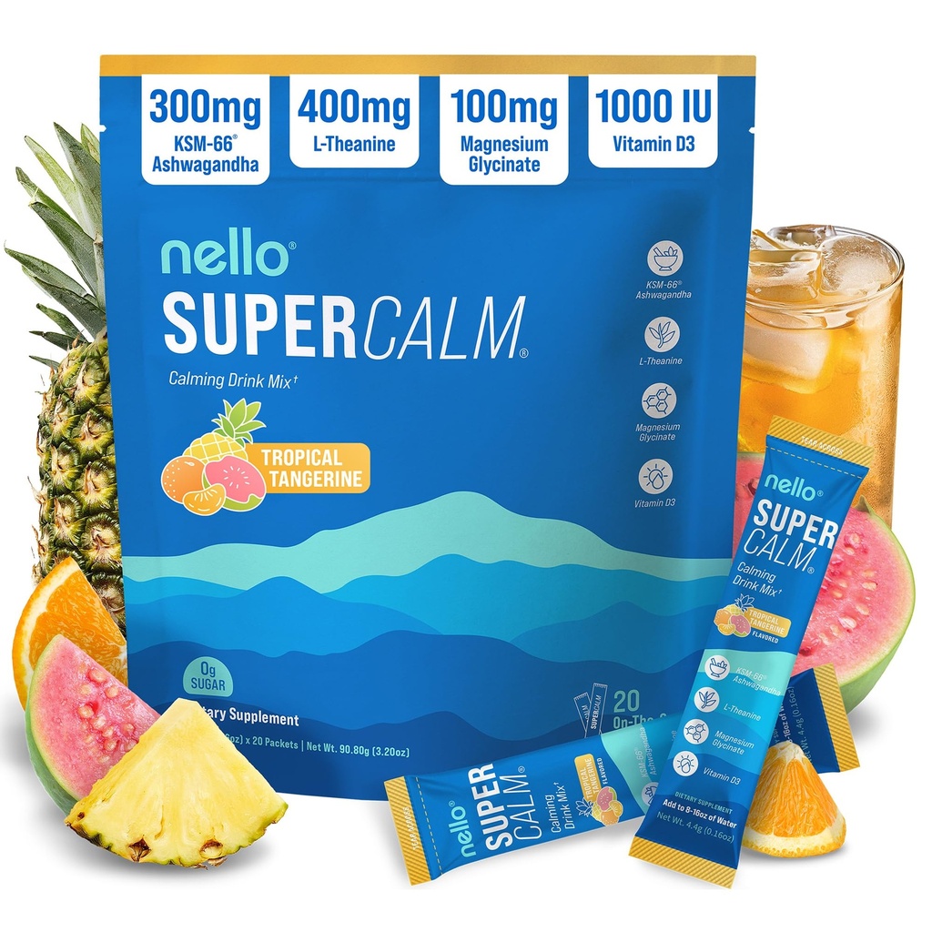 Nello Supercalm Powdered Drink Mix, Cortisol Reducer* and Sleep Aid Supplement, L Theanine, Ksm-66 Ashwagandha, Magnesium Glycinate, Vitamin D 3, No Sugar, Non GMO, 20 Ct, Tropical Tangerine