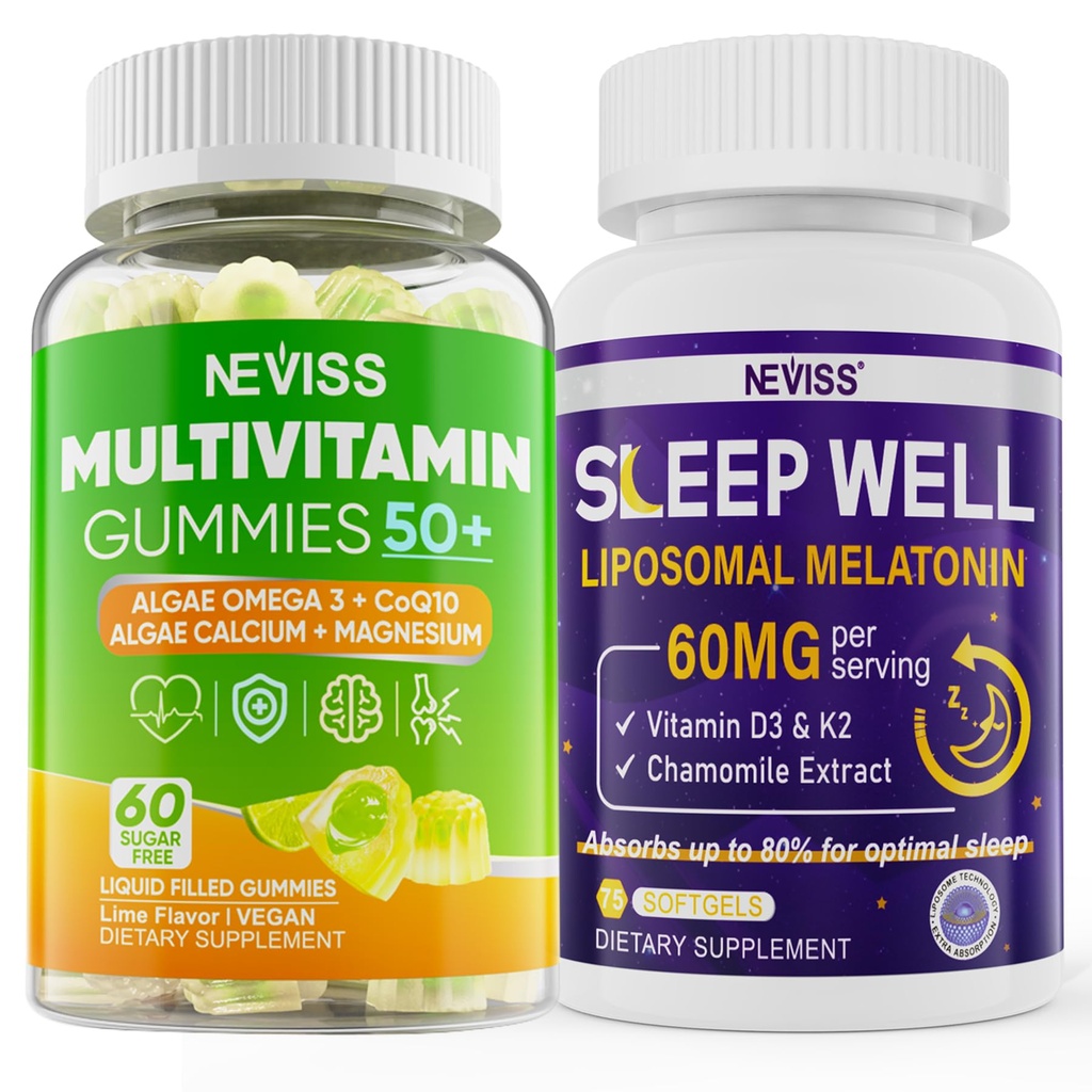 NEVISS Women & Men's 50+ Multivitamin Gummy and Melatonin 60mg Bundle