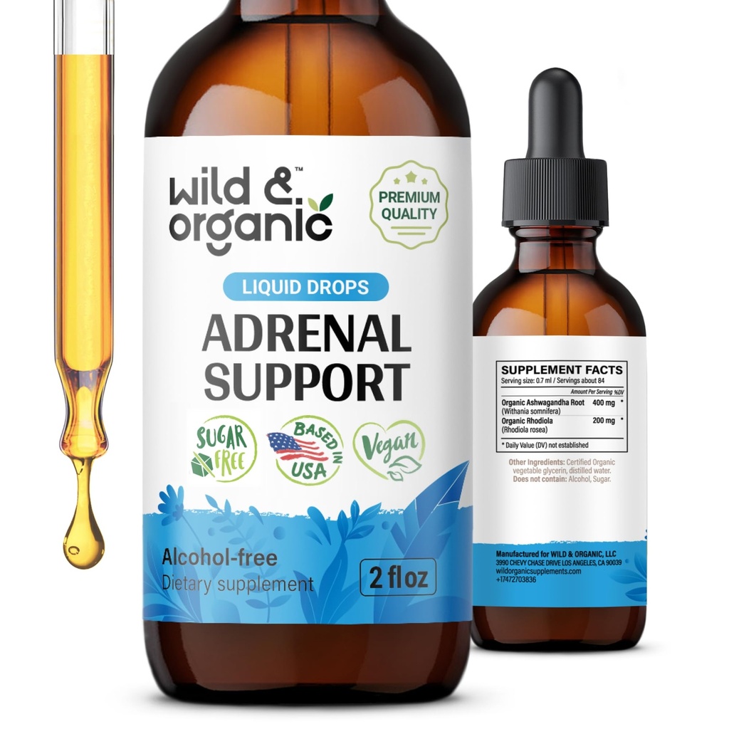 Wild & Organic Adrenal Support - Ashwagandha & Rhodiola Rosea Drops - 2 oz | Alcohol-Free - No Added Sugar - No Artificial Additives, Flavors or Colors - Glycerin-Based - Pure Formula