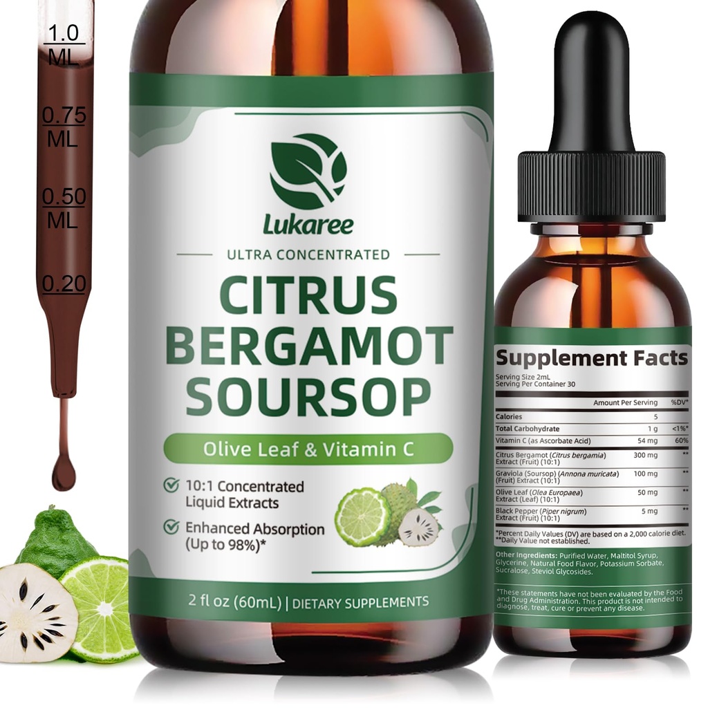 Citrus Bergamot + Soursop Liquid Drops with Olive Leaf, Vitamin C, Black Pepper for Enhanced Absorption, Herbal Wellness Supplement for Cholesterol, Heart & Digestive, Vegan, Sugar free, 2 Fl Oz