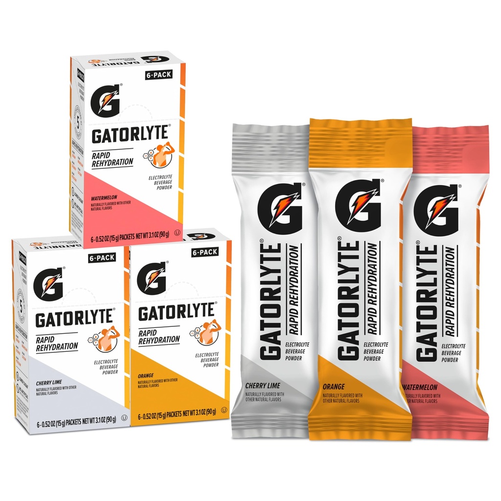 Gatorlyte Rapid Rehydration Electrolyte Beverage, Variety Pack, Lower Sugar, Specialized Blend of 5 Electrolytes, No Artificial Sweeteners or Flavors, 18 pack, 1 pack mixes with 16.9oz (500ml) water