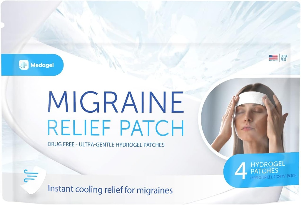 Migraine Relief Patch, Cooling Patches for Migraine, Fever, Hormone, & Headaches, Mess & Odor-Free Hydrogel Cooling, Made in The USA, 1 Pack (4 x Patches) White