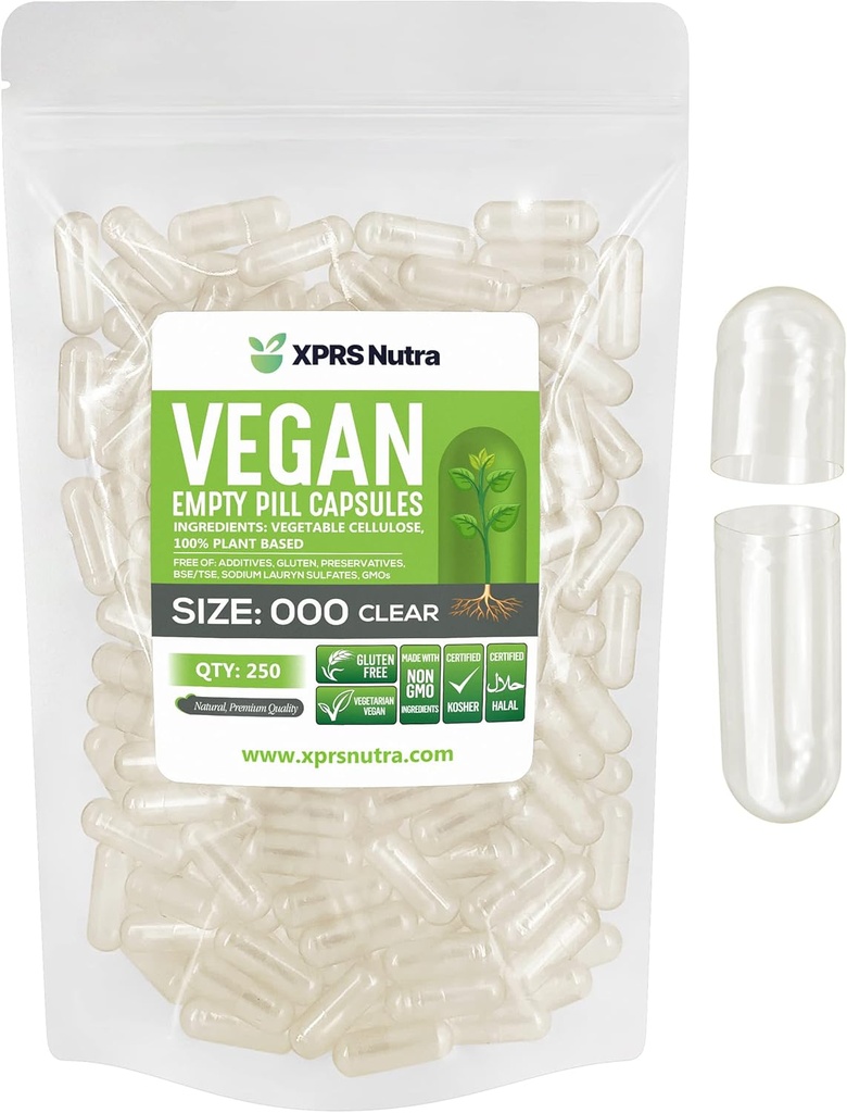 XPRS Nutra Vegan Size 000 Empty Capsules - 250 Count Clear Empty Vegan Capsules - Vegetarian Pill - DIY Vegetable Capsule Filling - Veggie Pill Caps Pills