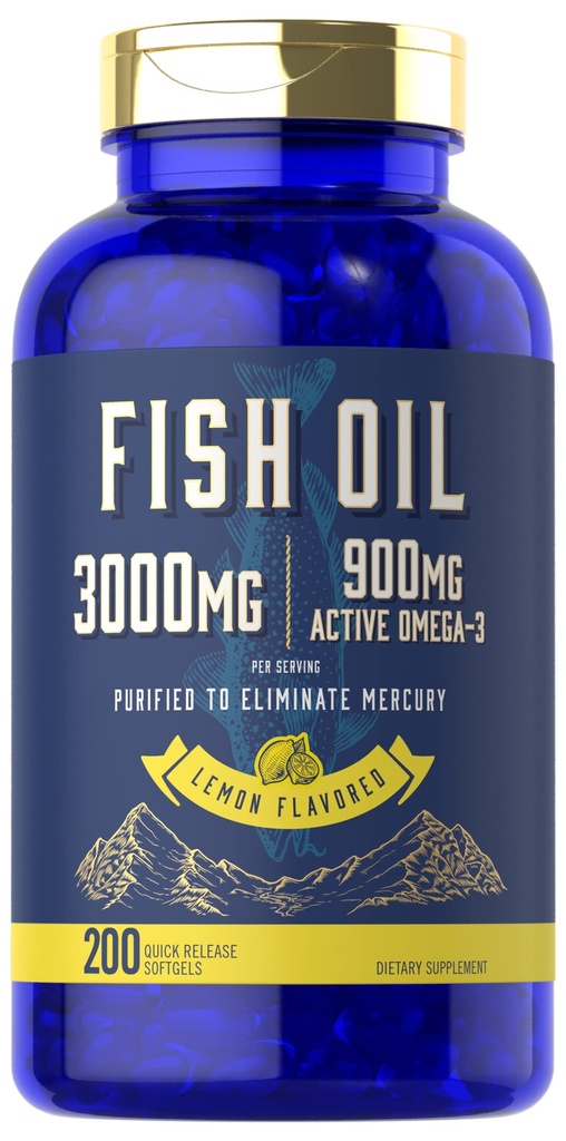 Carlyle Fish Oil 3000mg | 900mg Omega 3 | 200 Softgels | Lemon Flavor | Non-GMO and Gluten Free Supplement