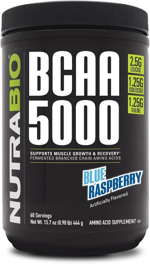 NutraBio BCAA 5000 Powder - Vegan Fermented BCAAs - Supports Lean Muscle Growth, Recovery, Endurance - 60 Servings - Blue Raspberry