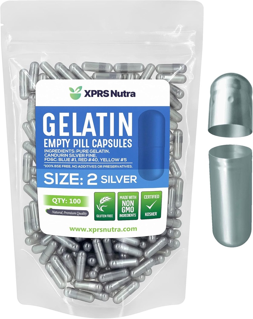 XPRS Nutra Size 2 Empty Capsules - 100 Count Empty Gelatin Capsules - Pills DIY Capsule Filling - Pure Bovine Pill Gel Caps for Do-It-Yourself Supplements (Silver)