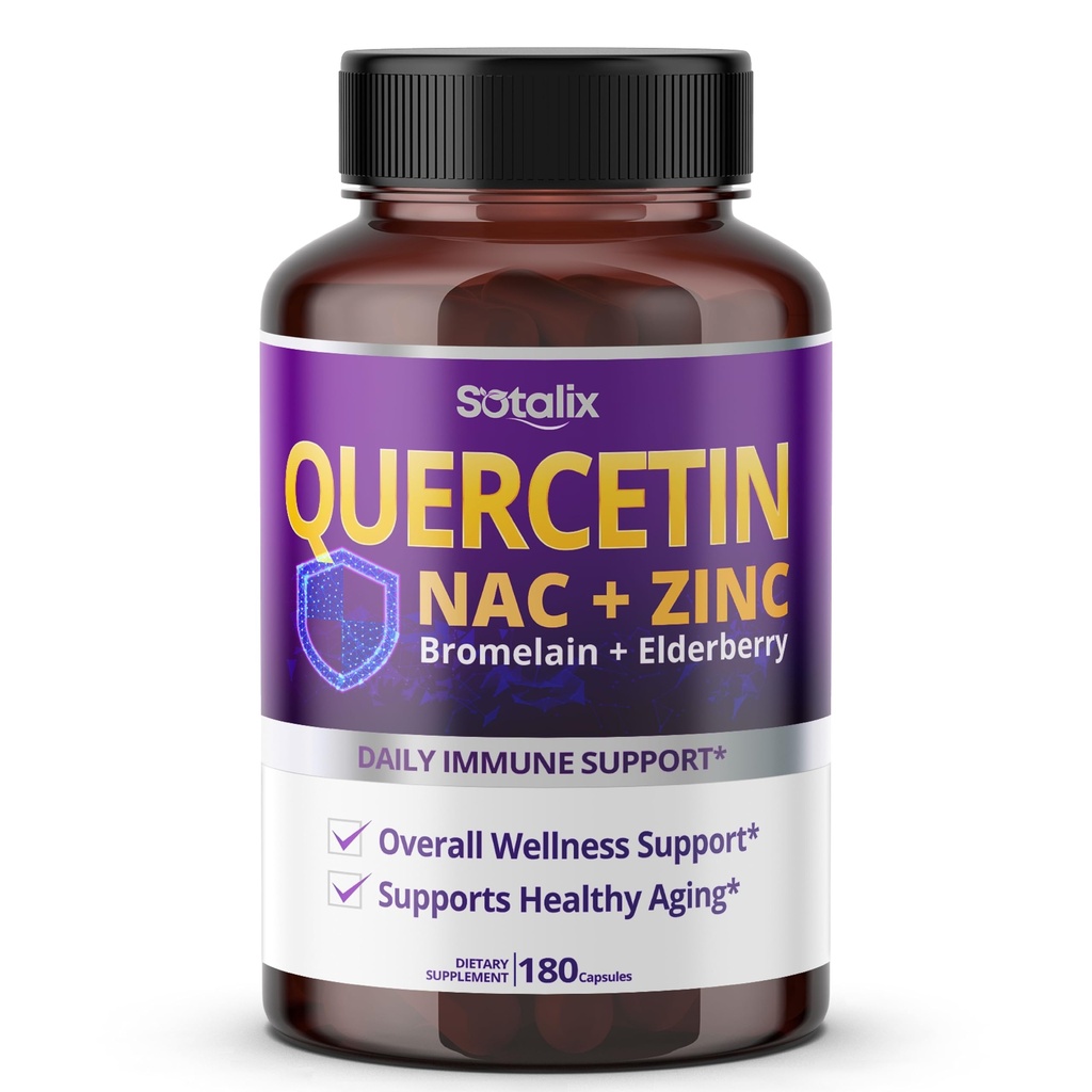 SOTALIX Supplement Premium Quercetin 98% High Purity with Bromelain, Zinc, Vitamin D3 2000 IU, Elderberry - Cardiovascular Respiration Immune Support for Adult Kids - 180 Day Supply